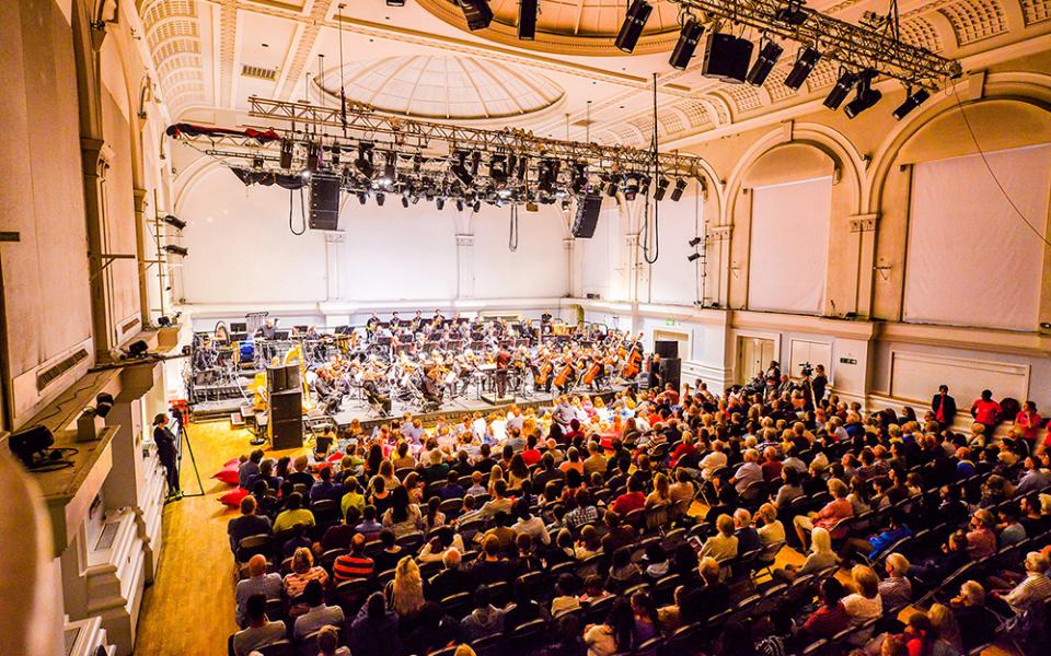 Family concert at Bedford Corn Exchange, full house