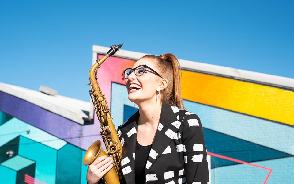Jess Gillam_credit Robin Clewley Image of saxophonist Jess Gillam