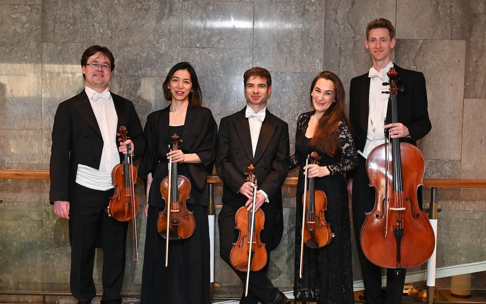 Five string players standing and smiling