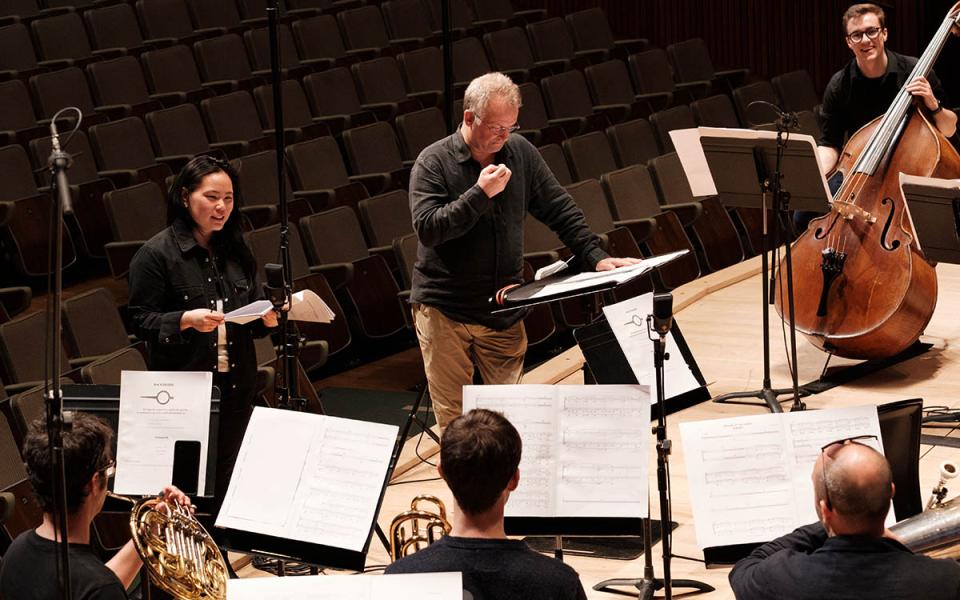 Jamie Man rehearsing a composition at Royal Festival Hall