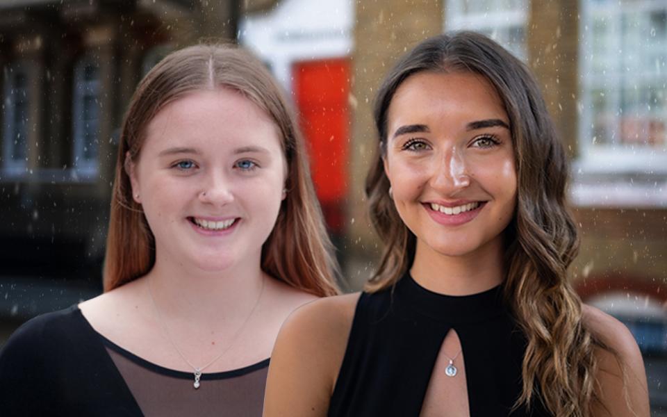 PIF fellows, Meggie Murphy and Holly Clark outside the Philharmonia office, smiling