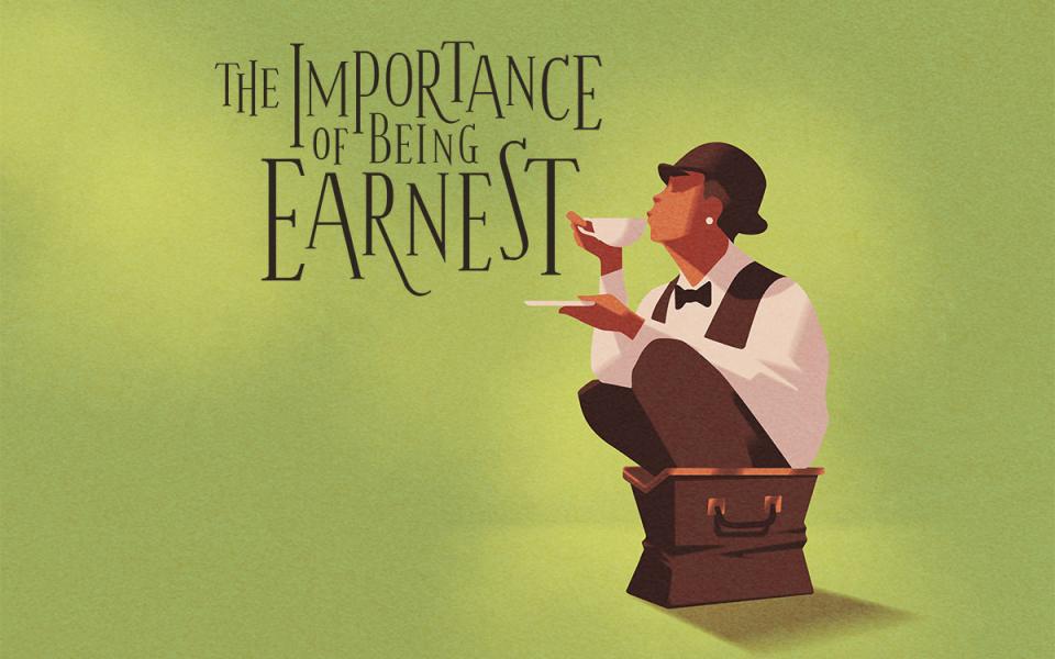A main crouching with his feet in an open brown bag. He iswearing a white shirt, brown trousers, brown waistcoat, black bow tie and brown hat. He is holding a cup and saucer, and the words 'The Importance of Being Earnest' are designed onto the image