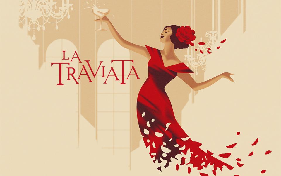 Woman in long red dress with a red flower in her hair, posing as if dancing and holding a cocktail glass in her hand. The worlds 'La Traviata' are designed onto the image.