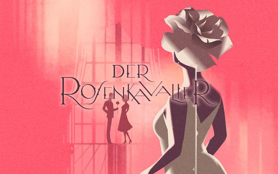 The back of a woman in ballgown attire and hat, with the words 'Der Rosenkavalier' designed onto the image