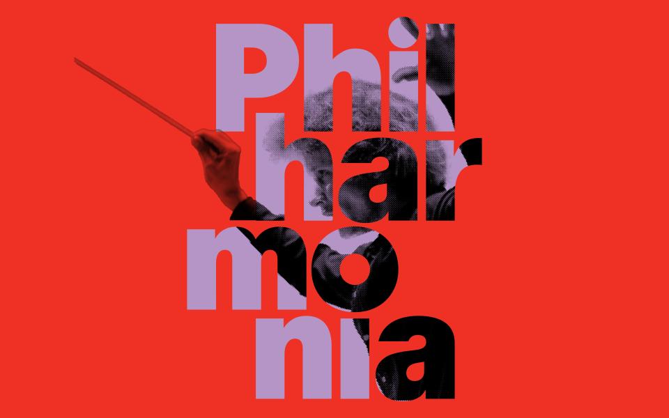 Principal Conductor Santtu fills the 'Philharmonia' logo on a red background