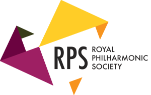 Yellow, mauve and black logo for the Royal Philharmonic Society