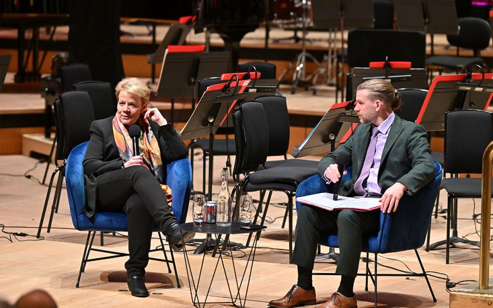 Marin Alsop being interviewed on stage